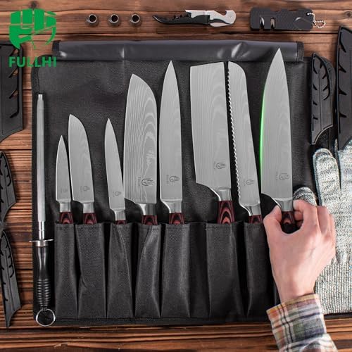 FULLHI 15pcs Japanese Knife Set with Magnetic Knife Block Holder, Japan Stainless Steel Blades, Ergonomic Handles for Professional and Home Cooking（Coffee wood, Magnetic Block Knife Set)