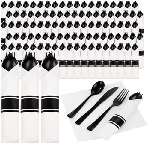 Supernal 120pack Pre Rolled Black Plastic Silverware Set Disposable