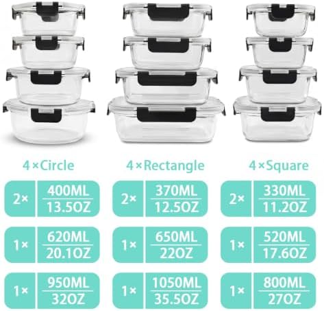 12 Pack Glass Food Storage Containers with Lids(Black)