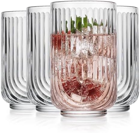 Glaver's Vintage Glassware Art Deco Glasse Ribbed Drinking Glasses U-Shape Arch Design Colored Cocktail Kitchen Tumblers Everyday Dinner Decorative Party (Clear S/4 17oz)