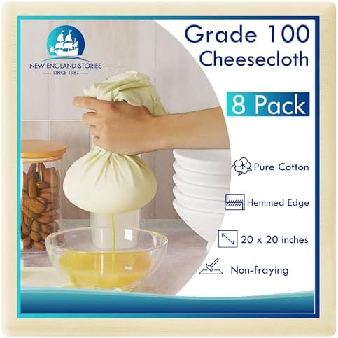 8 PCS Reusable Cheesecloth, Grade 100, 20x20 Inch Hemmed Cheese Cloth for Straining Craft, 100% Cotton Unbleached Cloth Strainer for Cooking, Baking, Juicing, Cheese Making