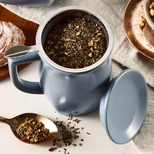 Tea Forte Ceramic Fiore Tea Cup with Infuser, Stone Blue, 14 oz