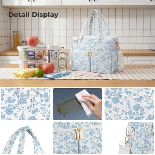 Large Lunch Box for Women, Insulated Lunch Bag for Work, Blue floral