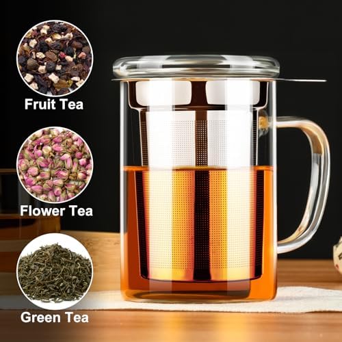 PARACITY Tea Mug with Infuser and Lid, 15 oz Clear Borosilicate Tea Cup