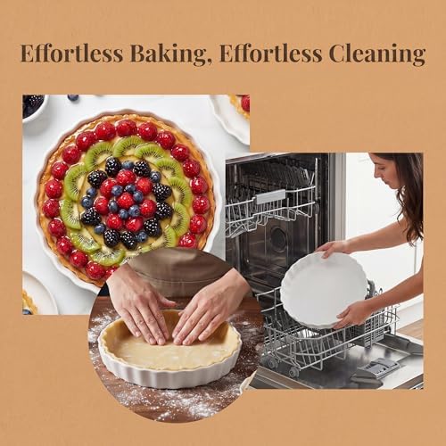 Quiche Baking Dish, Ceramic Quiche Pan, 10 inch Large Round Tart Pan Set of 2, Porcelain Pie Pan Oven Safe, Wave White Baking Dishes for Dessert, Cheesecake, Souffles, Dishwasher Safe, 43 Oz