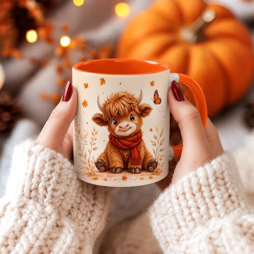 Hyturtle Highland Cow Coffee Mug, Cute Fall Maple Leaf Gift For Cow Lovers
