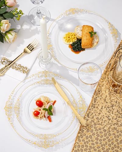 Nervure 350Pcs Clear Gold Plastic Plates, Dinnerware Sets for 50 Guests