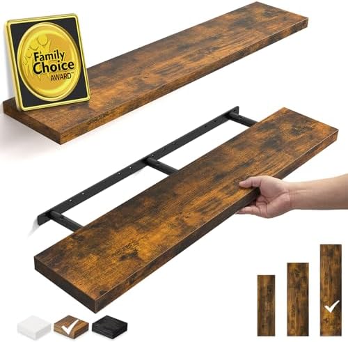 BAYKA Rustic Brown Floating Shelves 47.2in, Set of 2, Wall Mount Wood Shelf