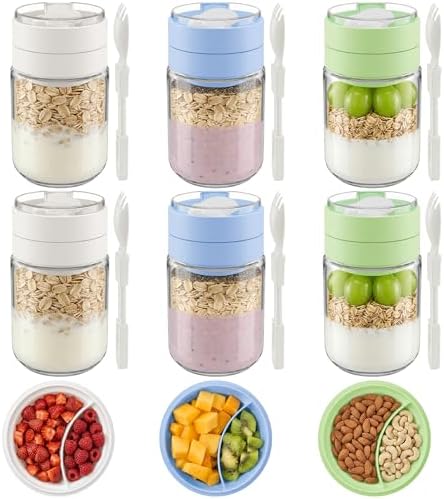 Vtopmart 6 Pack 16oz Glass Overnight Oats Container with Spoon, Compartment