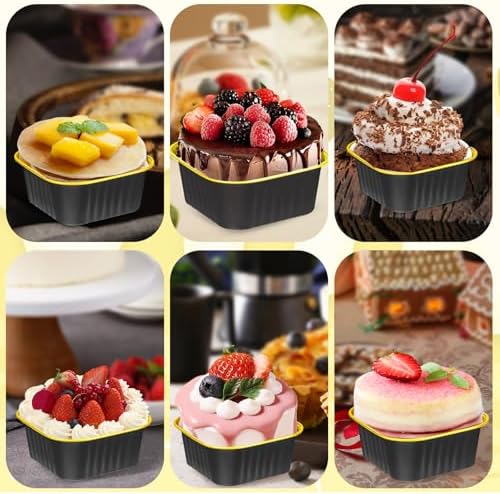 60Pack 5oz Black&Gold Mini Cake Pans with Lids, Spoons and Stickers Baking Cups Aluminum Foil Pans Tins, Individual Dessert Cups Containers for Sales,Party,Picnics