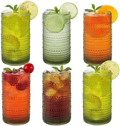 Vintage Hobnail Drinking Glasses Set of 6, 16 oz Large Capacity Embossed Green Tumblers, Highball Glasses for Water, Cocktail, Beer, Whiskey, Kitchen & Bar Use