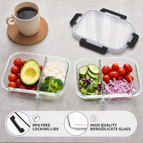 8 Pack 2 Compartment 36oz Borosilicate Glass Meal Prep Containers with Lids