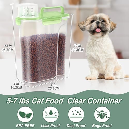 LEAWALK 5-7Lbs/6Qt Dog Cat Storage Container Portable with Upgraded Large Spout and Cup, Plastic Pet Food Dispenser for Small Animal Kibble, Bird Seed, Oatmeal, Rice, Flour, Brown Sugart (Clear Green)