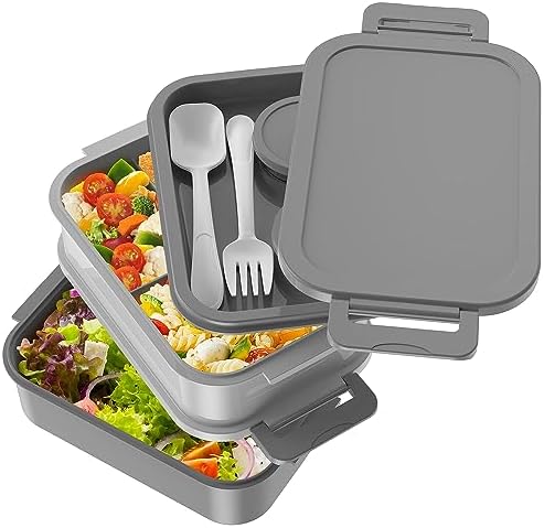 Jelife Adult Bento Box Lunch Box - 3 Layers Stackable Bento Lunch Box for Adults, 72oz Large-Style All-in-One Bento Boxes Leak-Proof Lunchbox with Utensil Sauce Containers for Dining Out,Work, Grey