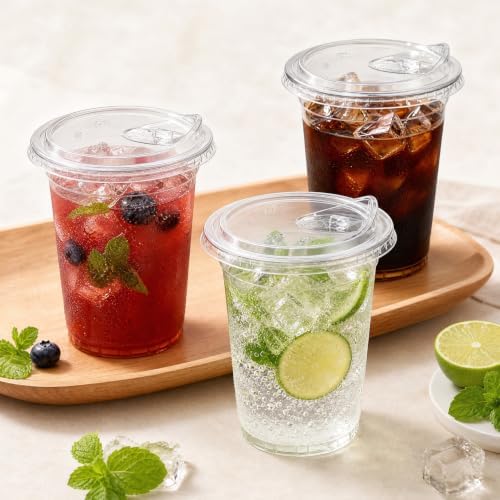 Ginkgo 100 Pack 16 oz Clear Plastic Cups with Strawless Sip Lids