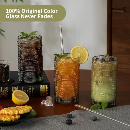 Vintage Hobnail Drinking Glasses Set of 6, 16 oz Large Capacity Embossed Green Tumblers, Highball Glasses for Water, Cocktail, Beer, Whiskey, Kitchen & Bar Use