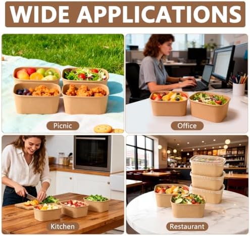 50 Sets 33 oz Disposable Kraft Paper Bowls with Lids - Rectangle