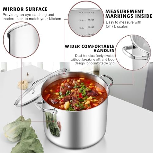 TeamFar Stainless Steel Stock Pot, 20QT Tri-ply Bottom Large Stockpot