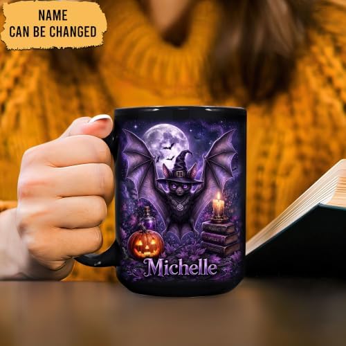 Hyturtle Personalized Halloween Bat Mug, Custom Name Gift for Women