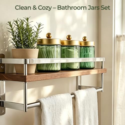 Amolliar Glass Apothecary Jar Qtip Holder Metal Lids 4pc/Green-golden