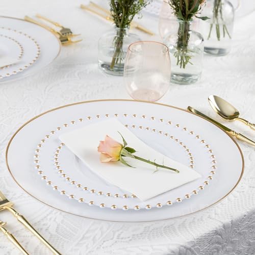 PLASTICPRO 128 Piece Combo Plastic Dinner Plates Disposable Plastic Fancy Heavy Duty Party Dishes 7 inch and 10 inch, White and Gold Beaded