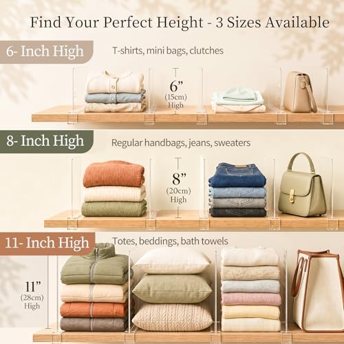SortNStore Small Shelf Dividers Purse Organizer: 6" Tall (Shorter Version)