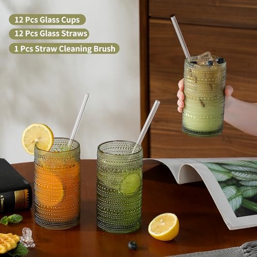 Vintage Hobnail Drinking Glasses Set of 12, 16 oz Large Capacity Embossed Green Tumblers, Highball Glasses for Water, Cocktail, Beer, Whiskey, Kitchen & Bar Use
