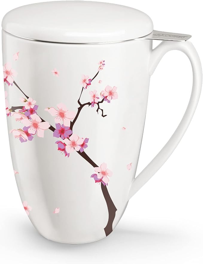 Tea Cup with Infuser and Lid for Steeping Loose Leaf Tea Bag Coffee Milk Women Office Home Gift 16oz Peach Blossoms