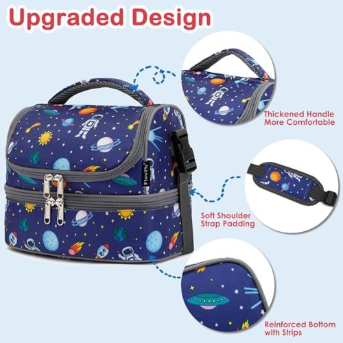 FlowFly Kids Double Decker Cooler Insulated Lunch Bag Large Tote for Boys, Girls, Men, Women, With Adjustable Strap, Astronaut