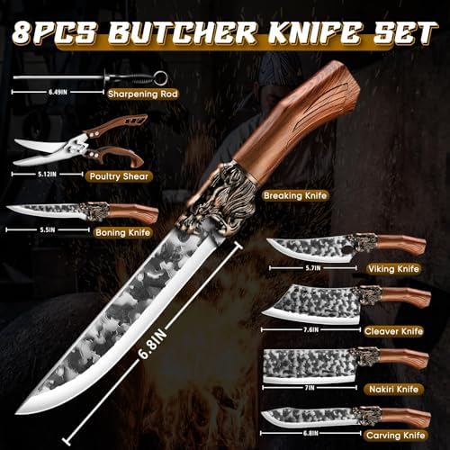Purple Dragon 8 Pcs Japanese Chef Butcher Knife Set with Roll Bag