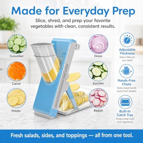 Safe Mandoline Slicer for Kitchen, Vegetable Slicer with Container, French Fry Cutter, All in 1 Julienne Slicer for Potato, Thickness Adjustable, Detachable Blade (Light gray-blue)