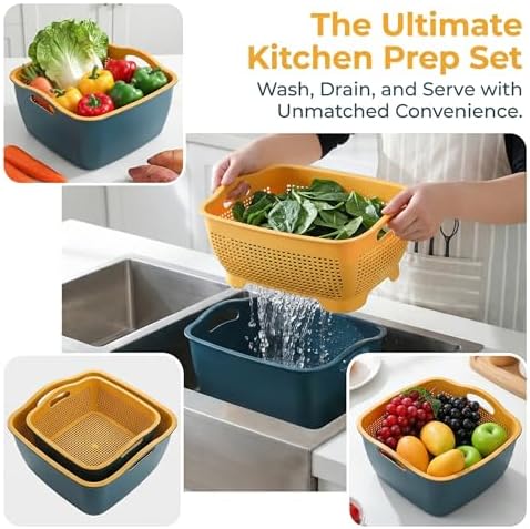 Jucoan 2 Pack 9 & 8 Quart Large Kitchen Strainer Colander Bowl Set, Double-Layer Plastic Fruits Vegetable Washing Basket, Drain Bowls for Cleaning Washing Mixing, Detachable (Blue, Orange)
