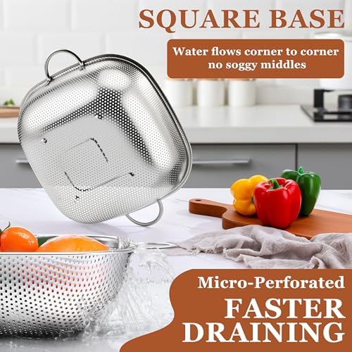 E-far 4QT Square Stainless Steel Colander, Metal Strainer with Handle