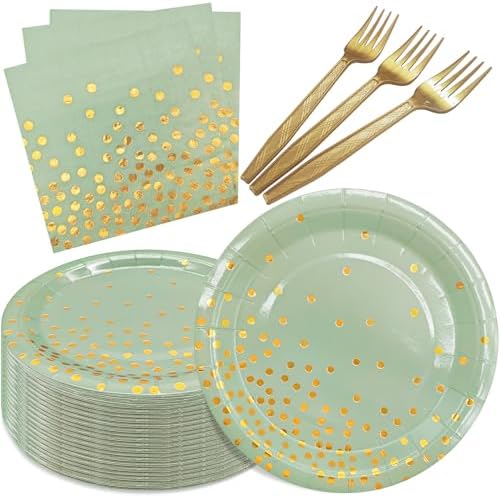 Serve 35 Guests Sage Green and Gold Paper Plates and Napkins Party Supplies