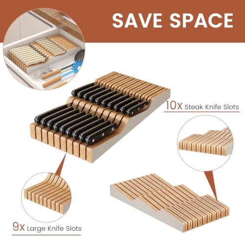 In-Drawer Knife Block Organizer - Bamboo Wood Drawer Knife Organizer-Protecting Knife Organizer Block (Not Included) (White, 19 Knives Dock)