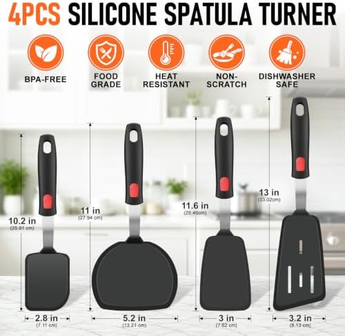 4Pcs Silicone Spatula Turner Set, Heat Resistant Silicone Spatula for Nonstick Cookware, BPA Free Kitchen Cooking Utensils Set, Flexible Spatula Turner for Flipping Eggs, Burger, Fish, Pancake