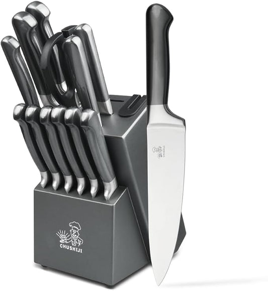 15-Piece Kitchen Knife Set with Block, Ultra-Sharp Full-Tang Stainless Steel Knives, Built-in Sharpener, Dishwasher Safe, Non-Slip Ergonomic Handle, Modern Gray, Gift Box