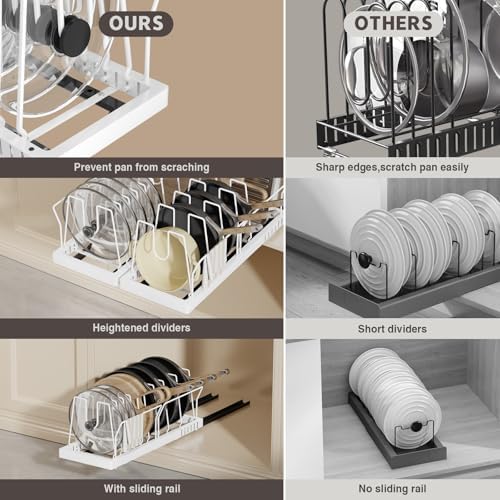Magheo Pots and Pans Organizer Under Cabinet, 22" Deep Expandable Pull Out Pot Lid Organizer and Storage with 10 Adjustable Dividers No Drill Pot and Pan Holder Rack with Handle Bracket(1 Pack,White)