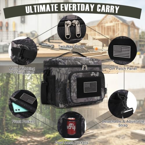 FlowFly Lunch Bag, Insulated Cooler, Thermal Lunch Box Tote with MOLLE/PALS Webbing, Adjustable Padded Shoulder Strap, for Tactical Men Women Adults and Boys Girls Kids (Typhon, Large)