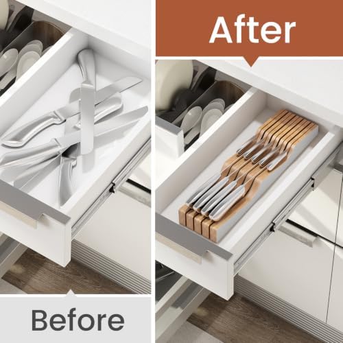 In-Drawer Knife Block Organizer - Bamboo Wood Drawer Knife Organizer-Protecting Knife Organizer Block (Not Included) (White, 9 Knives Dock)