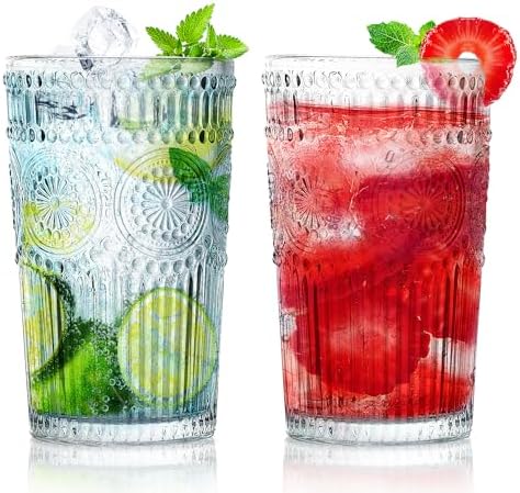 Loivttvv 6pcs Vintage Drinking Glasses Set, 12 oz Clear Highball Glasses, Embossed Ribbed Glassware Cups for Cocktail, Water, Juice, Coffee, Whiskey