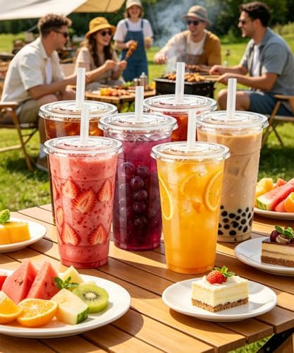 Ginkgo 32 oz Clear Plastic To Go Cups with Lids and Straws