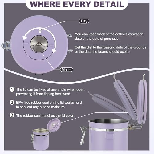 ShanSon Coffee Canister Airtight, Stainless Steel Bean Storage Container with Date Tracker & Scoop, Grounds Sugar Flour Tea Cereal Fits Kitchen Pantry, Ideal Gift for Coffee Lovers,16oz, Purple