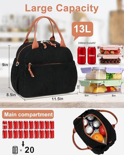 Bluboon Lunch Bag for Women Men Cute Corduroy Lunch Tote Bags Reusable Insulated Lunch Box Large Capacity Reusable Insulated Cooler for Work Picnic or Travel