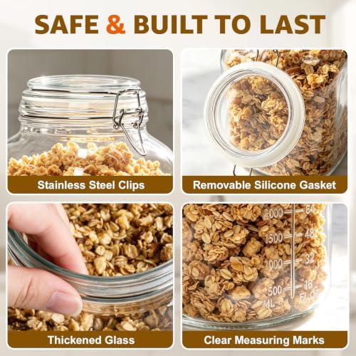 Large Square Glass Jars with Airtight Lids 1.1 Gallon Wide Mouth