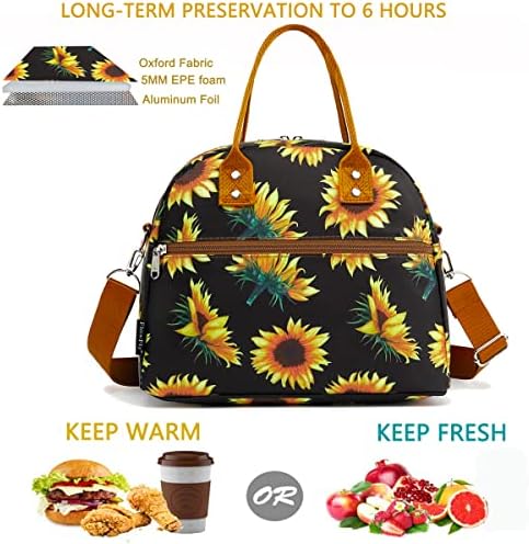 FlowFly Insulated Lunch Bag With Shoulder Strap for Women, Men, and Kids, Large and Reusable, Handle, Freezable Work and School Travel Tote and Meal Prep Organizer,Sunflower