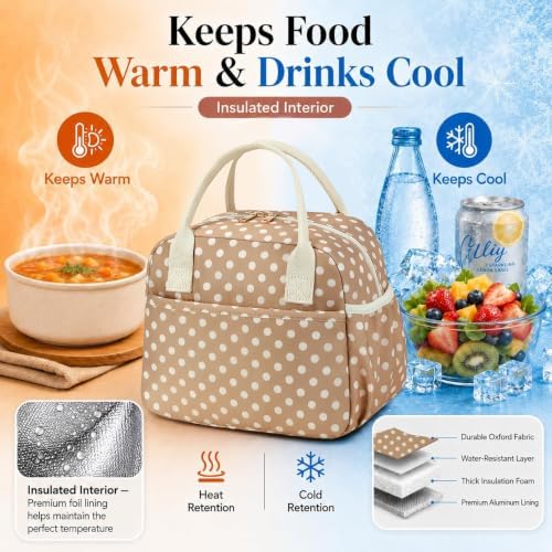 CAMTOP Lunch Box for Women Men Insulated Lunch Bag Lunch Tote Bag Leakproof Thermal Cooler Large Capacity for Travel Work School Picnic (Polka Dot Brown, Medium)