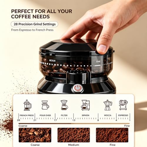 Electric Burr Coffee Grinder with 28 Precise Grind Settings, 2-12 Cup Auto-Stop, Flat Burr Coffee Bean Grinder for French Press, Espresso & Drip Coffee, Professional Coffee Machine for Home Use