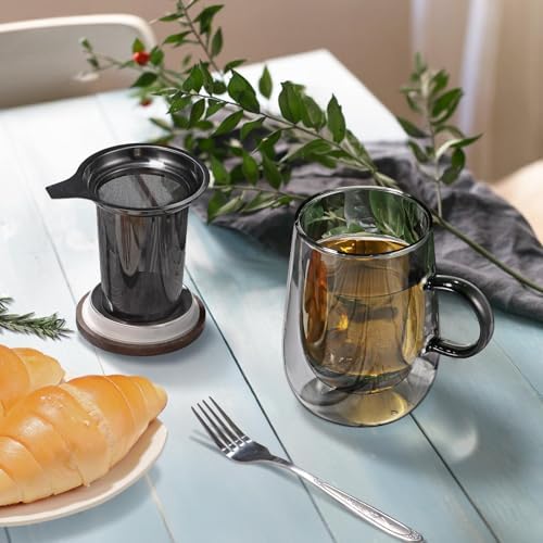 glastal Tea Infuser Mug 14.5oz Double-Walled Glass Teacup Infuser, Black