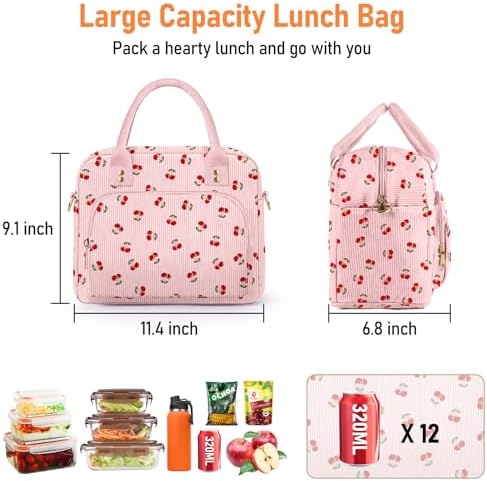 Lunch Bag Large Insulated Lunch Box for Women Adult Cute Pink Strawberry Lunchbox Corduroy Lunch Bags Boxes Pail with Shoulder Strap for Work Mom Picnic Office Travel 11.4×6.8×9.1 inches 11.5L